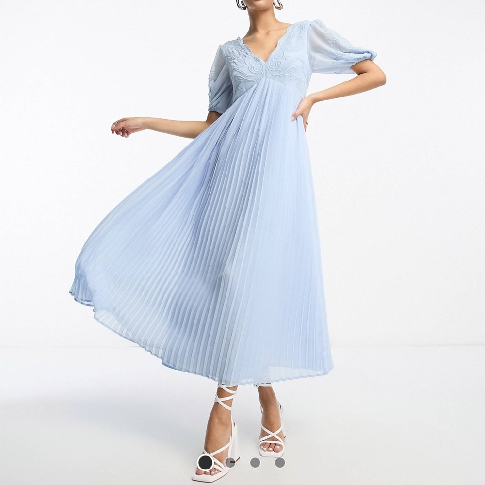 ASOS blue pleated embroidered bridesmaid dress